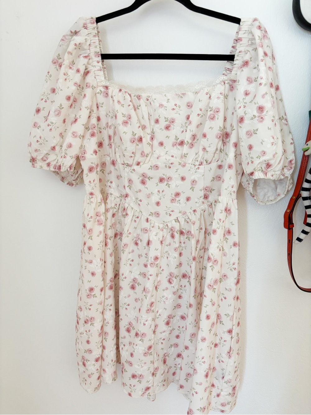 Square Neck Floral Lace Up Puff Sleeve Mini Dress Size XL